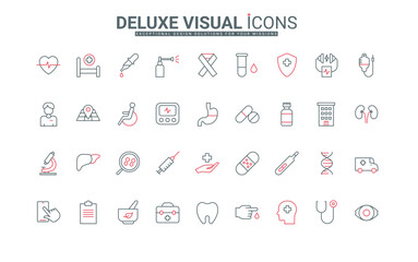 Medical care thin black and red line icons set vector illustration. Outline medicine, pharmacy and emergency symbols, nurse and doctor in hospital, blood drop test with microscope, pills for treatment