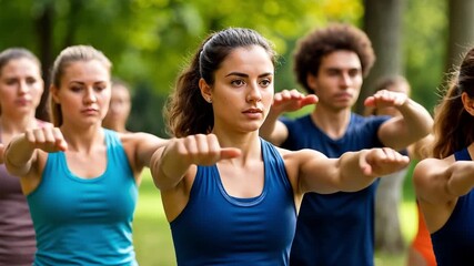 Group of young people practicing yoga in warrior two pose, enjoying the outdoors and embracing wellness in a vibrant park setting - Powered by Adobe