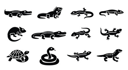 Vector silhouette illustration a playful pattern of black alligator and reptile illustrations on a white background