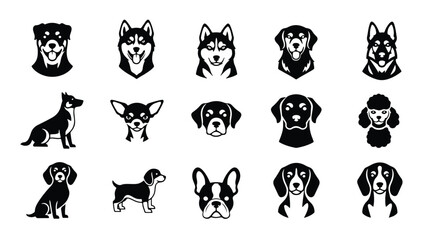 Fototapeta premium Vector silhouette illustration a charming collection of black dog face illustrations arranged vertically on a white background