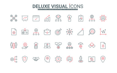 Company structure organization and management thin black and red line icons set vector illustration. Outline organizational flowchart of department, hierarchy, team building, teamwork and leadership