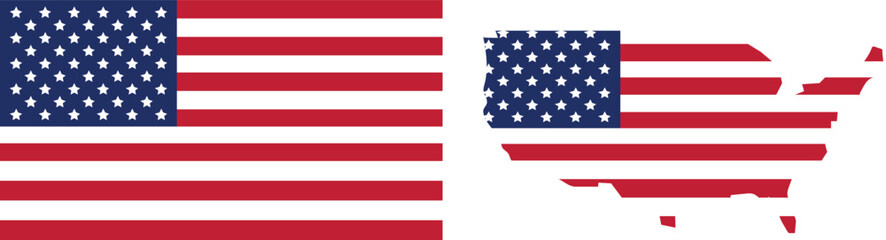 USA flag and map silhouette vector set featuring the American national flag and a USA map filled with flag stripes and stars, perfect for Independence Day, patriotic designs, and national events