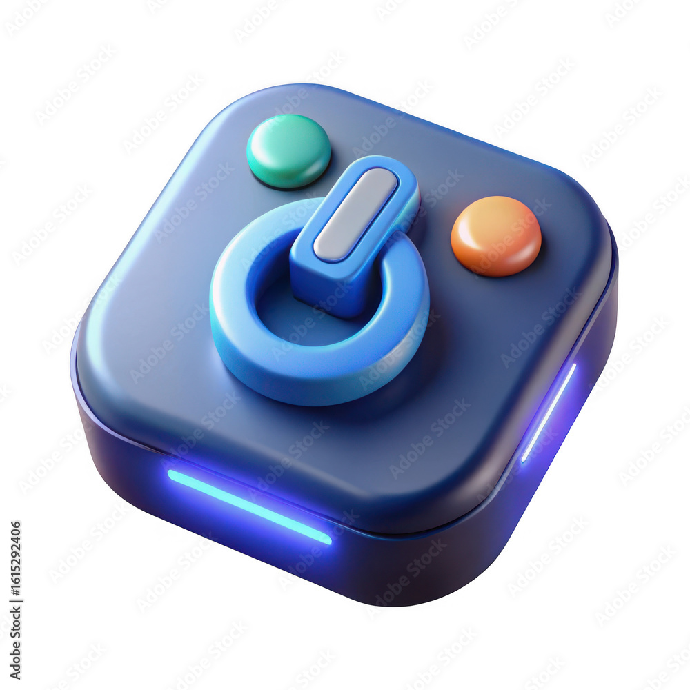 Poster 3d retro game controller with glowing blue light isolated on transparent background