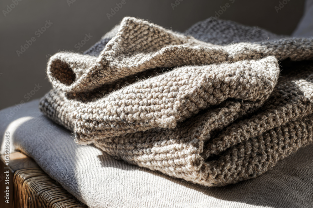 Poster cozy textured wool blanket folded on soft fabric surface, natural sunlight highlighting warm beige c