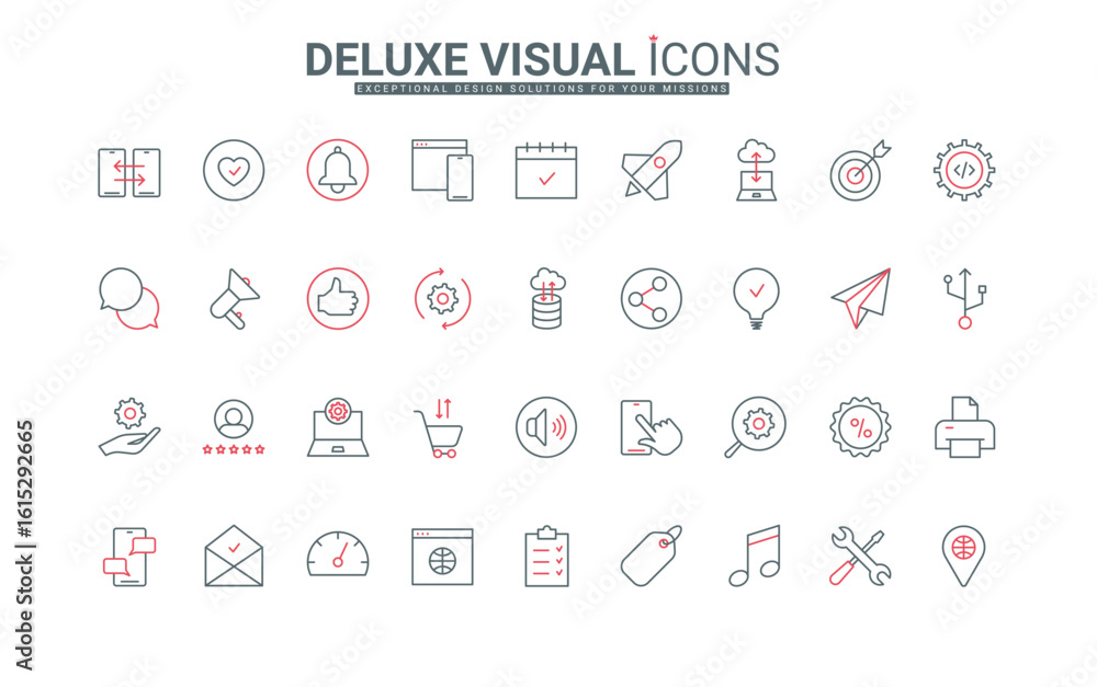 Poster website and mobile phone app thin black and red line icons set vector illustration. outline symbols 