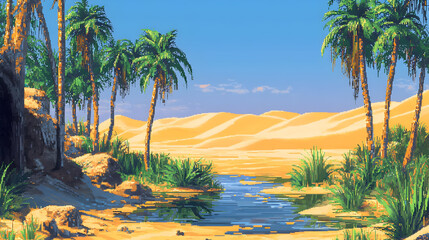 Oasis in the desert. Lush greenery beside a tranquil stream, amidst towering palm trees and dunes.  A hidden cave is visible in the foreground