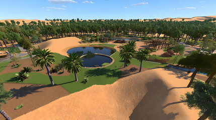Fototapeta premium Desert zoo exhibit, lush green areas, circular pond, sandy hills. Includes palm trees, woodlands, and pathways