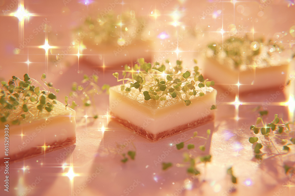 Poster soft tofu squares topped with fresh microgreens, arranged on warm toned surface with dreamy, sparkli