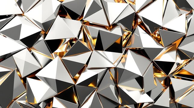 Abstract Geometric 3D Metallic Triangular Shapes-Futuristic background featuring numerous silver and gold metallic triangular prisms forming a complex, reflective, and faceted geometric surface.