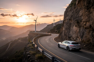 Luxury sedan drives on scenic mountain road at sunset with windmills