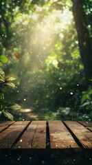 Wooden Deck in Forest with Sunlight and Floating Particles