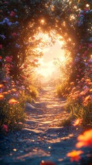 Walking Gravel Path Through Blooming Flower Archway at Sunrise