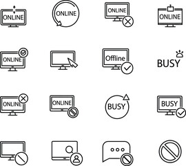 Online, Offline, and Busy Status Line Icons Set for Digital Communication