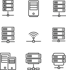 Server and Hosting Line Icons Set - Data Center and Network Technology