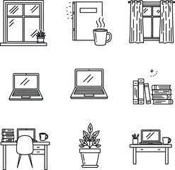 Minimalist Home Office and Study Icons - Work From Home Essentials