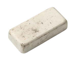 A rectangular white rubber eraser slightly dirty and used sits isolated against a clean transparent