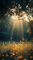 Sun Rays Shining Through Trees on Meadow with Flowers