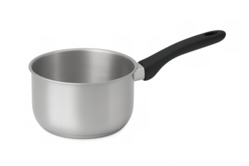 Compact stainless steel cooking pot featuring ergonomic black handle, ideal for individual meal preparation