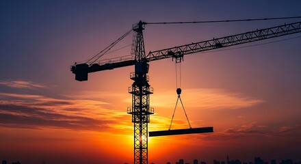 Silhouette of a construction crane lifting a steel beam against a vibrant sunset sky, with a city skyline visible in the distance.