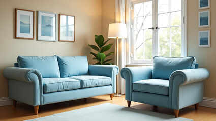 Serene Blue Living Room Corner Featuring a Plush Lounge Chair: A Cozy Space for Relaxation