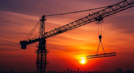 Silhouette of a construction crane lifting a metal beam against a vibrant orange and red sunset sky, with a cityscape faintly visible in the distance.