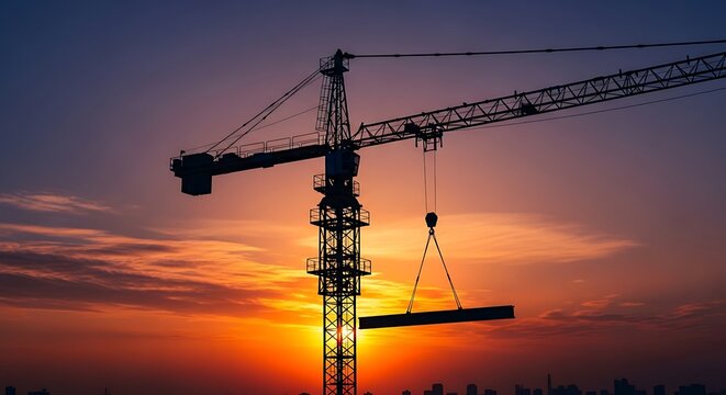 Silhouette of a construction crane lifting a steel beam against a vibrant sunset sky, with a city skyline visible in the distance. - Powered by Adobe
