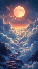 Path Ascending Through Clouds to Moonlit Horizon at Sunset