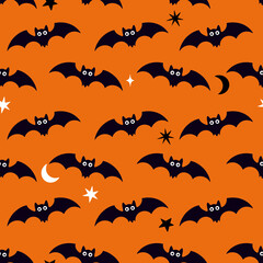 Seamless pattern with bats on an orange background for spooky festive design.