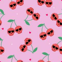 Seamless pattern of cherries skulls on a pink background.