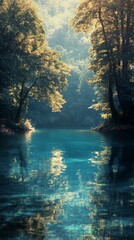 Tranquil Lake Reflecting Forest Trees in Sunlight