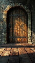 Old Wooden Doorway with Stone Arch and Wooden Floor