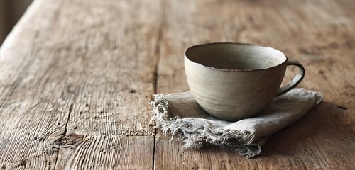 Raw-edged ceramic cup and linen napkin on aged oak table with soft grain