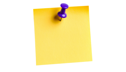 yellow sticky note is pinned to surface with purple pushpin, creating vibrant and organized look. This simple yet effective office supply can be used for reminders or notes isolated on transparent bac