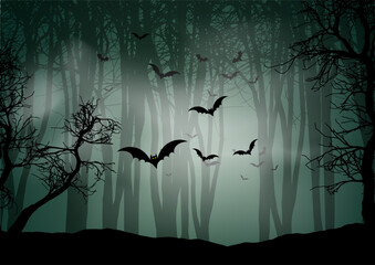 halloween background with foggy forest and bats 0309