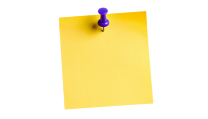 yellow sticky note is pinned to surface with purple pushpin, creating vibrant and organized look. This simple yet effective office supply can be used for reminders or notes isolated on transparent bac