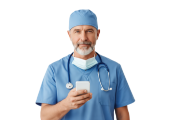 Serious Surgeon with Phone and Stethoscope, isolated on a transparent background