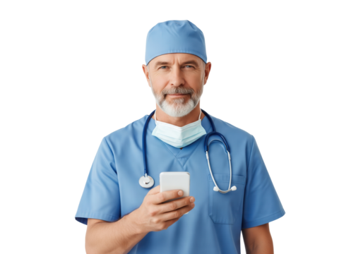 Serious Surgeon with Phone and Stethoscope, isolated on a transparent background
- Powered by Adobe