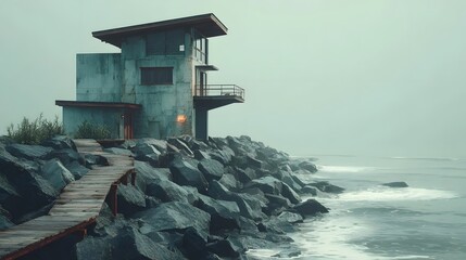 Coastal house on rocky shore in fog