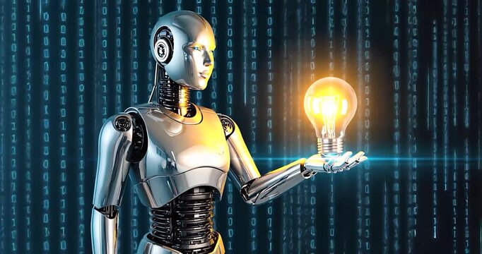 Robot holding lightbulb innovation