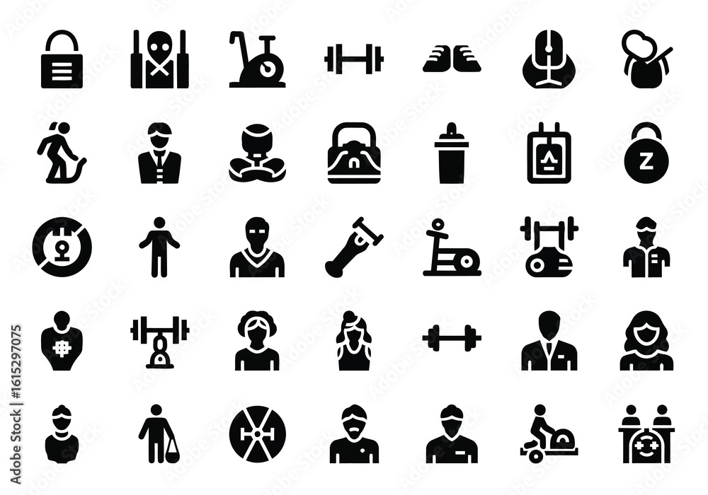 Poster vector art of a comprehensive set of fitness and gym icons representing various exercises and equipm