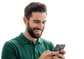Happy Man with Beard Using Smartphone, isolated on a transparent background
