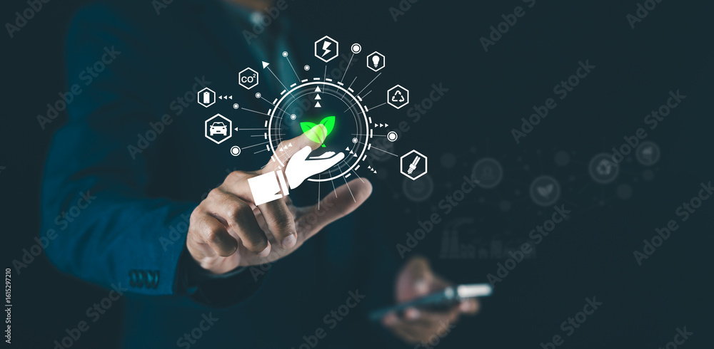 Poster a person interacts with a futuristic digital interface displaying eco-friendly technology icons and 
