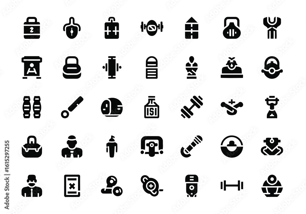 Poster vector art of a comprehensive set of vector icons representing various fitness and bodybuilding equi