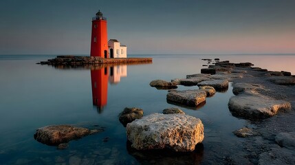 Red lighthouse on calm water at dusk