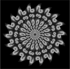 A mesmerizing grayscale mandala radiates outward in swirling layers of petal-like forms, creating a pulsating illusion of movement and infinite depth.