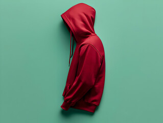 Profile view of a vibrant crimson hoodie, featuring a zipped front, a comfortable hood, and a simple design. The hoodie is presented against a striking teal backdrop, highlighting its color