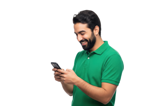 Happy Man with Beard Using Smartphone, isolated on a transparent background

