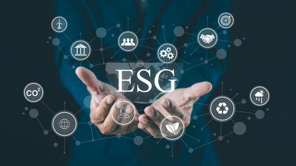Hands presenting the acronym ESG surrounded by icons representing environmental, social, and...