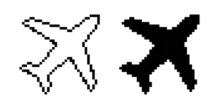 Set airplane pixel icon. Aircrafts pixel art. Flight transport symbol.