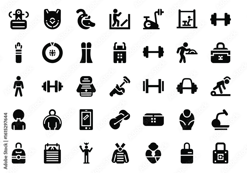 Poster vector art of a comprehensive set of fitness and exercise icons representing various gym equipment a